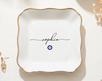 Regalo de Ojo Turco para Ella, Bandeja de Joyas Personalizada, Bandeja de Protección con Nombre, Decoración de Ojo Turco, Regalo de Cumpleaños para Mejor Amiga