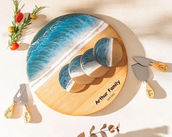 Tabla de embutidos de resina azul océano: regalo gourmet de compromiso, bandeja personalizada para servir, regalo para parejas