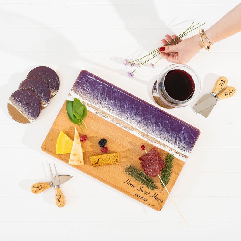 Engraved Purple Resin Charcuterie Board Set: Beech Wood Kitchen Decor ...
