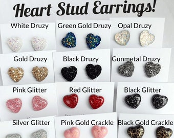 Heart Earrings, 22 Colors, Valentine's Day Gift, Hypoallergenic Titanium Posts, Resin Druzy, Silver Glitter, Gold Flakes, Gold Crackle