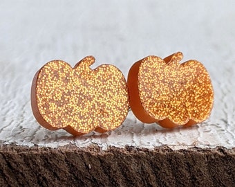 Glitter Pumpkin Stud Earrings - Hypoallergenic Stainless Steel - Fall, Halloween, Pumpkin Jewelry, Pumpkin Stud, Jack-o-lantern- Autumn