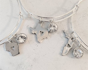 State Love Bangle Bracelet, adjustable charm bracelet, expandable bangle, silver USA jewelry