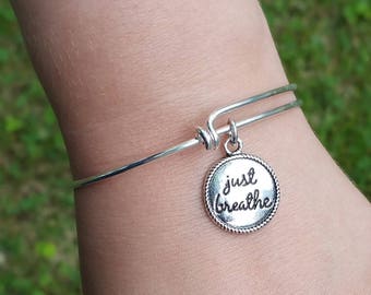 JUST BREATHE Charm Bracelet - Stainless Steel Bangle Adjustable Bracelet - Add a Swarovski Birthstone - Charm Bracelets