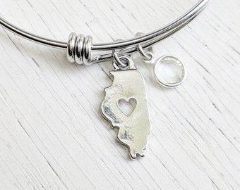 State Jewelry - Illinois Charm Bracelet - I Love Illinois - Silver Bangle Adjustable Expandable Bracelet - State Charm Bracelets