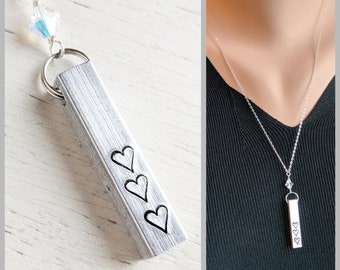 Four Sided Vertical Bar Pendant with Hearts, Swarovski Crystal on Sterling Silver Necklace, Mothers Necklace, Mothers Day Jewelry, Mom Gift