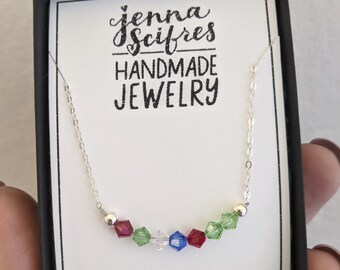 Bar de piedra de nacimiento familiar, collar de plata esterlina, joyería de abuelas de madres delicadas, cristal swarovski genuino, collar dainty mínimo