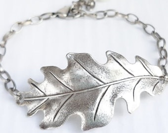 Silver Leaf Bracelet - Oak Leaf Bracelet - Silver Chain and Swarovski Crystal