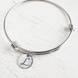 Silver Initial Bangle Bracelet with Swarovski Birthstone, Personalized Bracelet