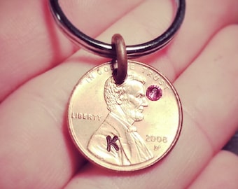 Lucky Penny Keychain with Custom Initial and Swarovski Crystal Birthstone - Great Birthday Gift - Choose Year of Penny with Initial Stamp