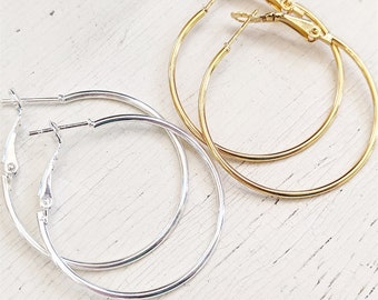 Perfect Size Every Day Hoops- Gold or Silver 1.5 Inch Shiny Hoop Earrings