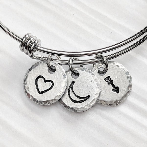 I Love You To The Moon and Back Bangle Bracelet, Anniversary Gift, Mother Daughter Gift, Moon Heart Arrow, Gift For Her, Gift for Mom