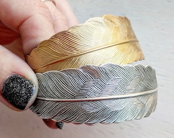 Gold or Silver Feather Bracelet - Choose Antiqued Silver or Antiqued Brass - Large Feather Jewelry - Bohemian Cuff Bracelet