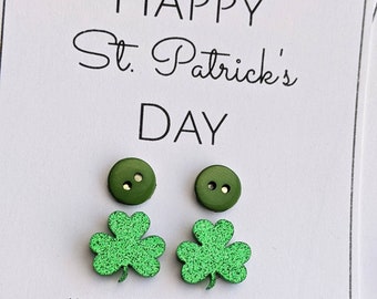 Shamrock Glitter Stud Set, St. Patricks Day Studs, Green Button, Green Clover Stud Earrings, Happy St Patricks Day, Hypoallergenic