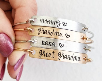 Nameplate Bangle Bracelet - Grandma, Mom, Mommy, Nana, Great Grandma, Name Jewelry