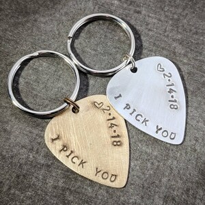 I PICK YOU Guitar Pick Keychain - Gold or Silver - Initials and Date - Engagement Gift - Valentines - Personalized Key Chain - Men&#39;s Gift