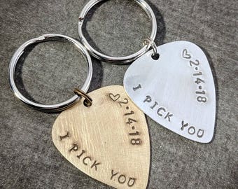 I PICK YOU Guitar Pick Keychain - Gold or Silver - Initials and Date - Engagement Gift - Valentines - Personalized Key Chain - Men's Gift