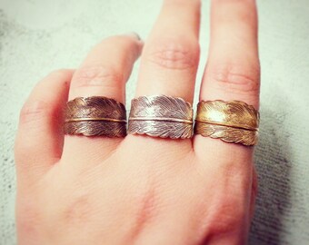 Feather Wrap Around Ring - in Antiqued Silver, Bright Brass, or Antiqued Bronze