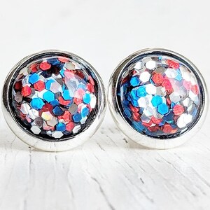 Patriotic Glitter Earrings,  Red White Blue Silver, Stud Earrings, American Earrings, USA Jewelry, Fourth of July, Patriotic Jewelry