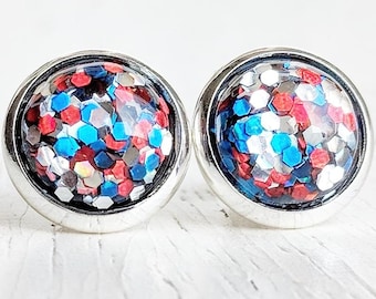 Patriotic Glitter Earrings,  Red White Blue Silver, Stud Earrings, American Earrings, USA Jewelry, Fourth of July, Patriotic Jewelry