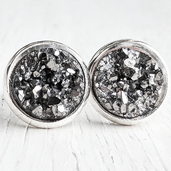Two Tone Silver on Gold Hypoallergenic Posts Resin Druzy Stud Earrings