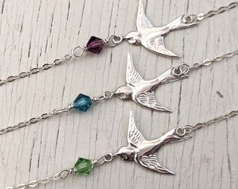 Barn Swallow and Birthstone Sterling Silver Necklace