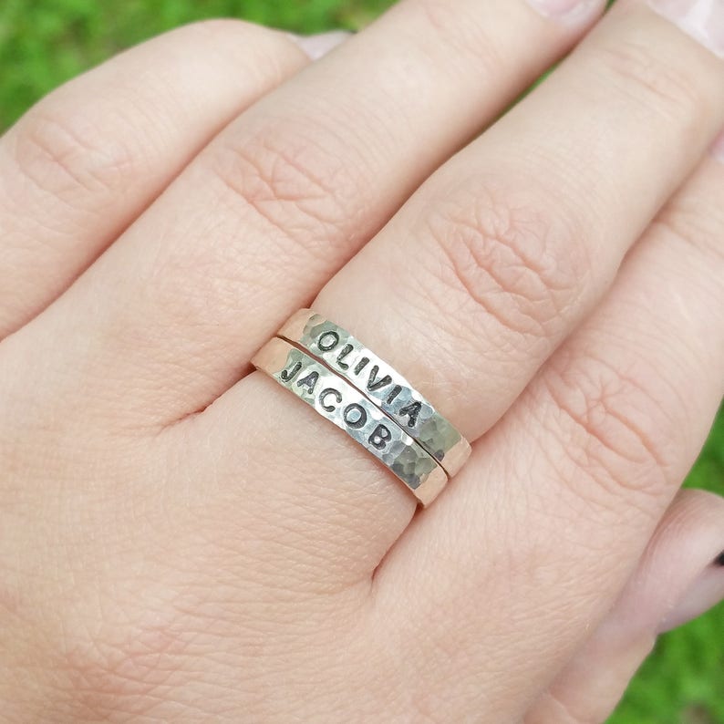 Mother's Ring, Sterling Silver Name Rings, Stacking Rings, Hammered Silver Ring, Custom Name Ring, Personalized Ring, Name Ring for Mothers image 4