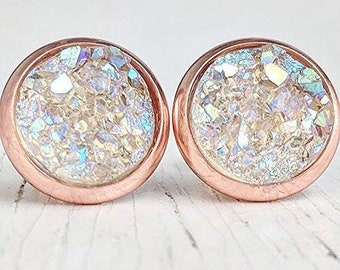 Opal on Rose Gold Resin Druzy Stud Earrings, Gift for Her, Gift for Mom, Wife, Girlfriend