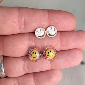 Smiley Face Stud Earrings, Smiley Studs, Emoji Happy Face, Flower Smile, Hypoallergenic Stainless Steel, Happy Jewelry, Gift for Her image 2