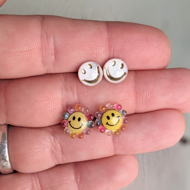 Smiley Face Stud Earrings, Smiley Studs, Emoji Happy Face, Flower Smile, Hypoallergenic Stainless Steel, Happy Jewelry, Gift for Her image 2