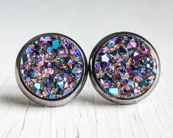 Ultra Violet on Gunmetal - Druzy Stud Earrings - Hypoallergenic Posts, Gifts for Her, Druzy Jewelry, Stud Earrings, Minimalist Earrings