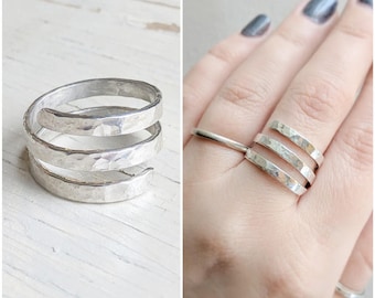 Triple Spiral Ring, 925 Sterling Silver, Hammered Wrap Around Ring, Solid Silver Statement Ring, Triple Coil Ring for Her