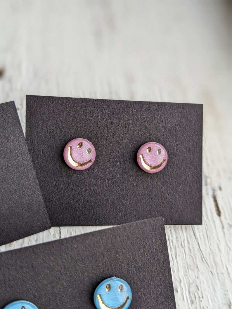 Smiley Face Stud Earrings, Smiley Studs, Emoji Happy Face, Flower Smile, Hypoallergenic Stainless Steel, Happy Jewelry, Gift for Her image 6