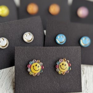 Smiley Face Stud Earrings, Smiley Studs, Emoji Happy Face, Flower Smile, Hypoallergenic Stainless Steel, Happy Jewelry, Gift for Her image 1