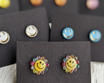 Smiley Face Stud Earrings, Smiley Studs, Emoji Happy Face, Flower Smile, Hypoallergenic Stainless Steel, Happy Jewelry, Gift for Her