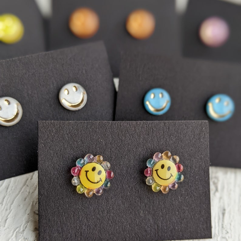 Smiley Face Stud Earrings, Smiley Studs, Emoji Happy Face, Flower Smile, Hypoallergenic Stainless Steel, Happy Jewelry, Gift for Her image 1