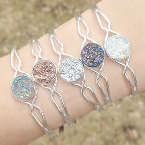 Dainty Silver Druzy Cuff Bracelet image 1