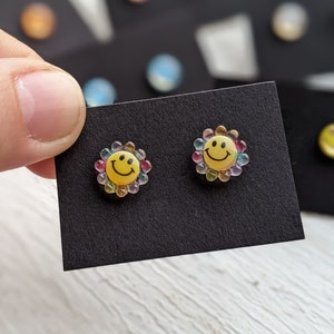 Smiley Face Stud Earrings, Smiley Studs, Emoji Happy Face, Flower Smile, Hypoallergenic Stainless Steel, Happy Jewelry, Gift for Her image 9