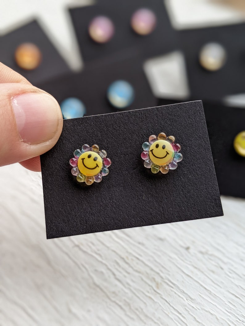 Smiley Face Stud Earrings, Smiley Studs, Emoji Happy Face, Flower Smile, Hypoallergenic Stainless Steel, Happy Jewelry, Gift for Her image 9