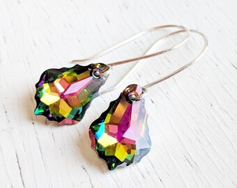 Dark Rainbow Crystal Teardrop Earrings - Peacock Swarovski Crystal and Sterling Silver Dangle Earrings - Baroque Crystals - Art Deco Style