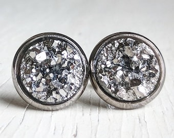 Gunmetal on Gunmetal - Druzy Stud Earrings - Hypoallergenic Posts, Gifts for Her, Druzy Jewelry, Stud Earrings, Minimalist Earrings