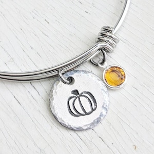 Pumpkin Bangle Bracelet - Stainless Steel - Swarovski Topaz Crystal - Adjustable Bangle - Halloween Fall Autumn Jewelry