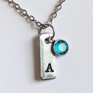Handmade Birthstone Tag Necklace – Personalized Initial Jewelry in Aluminum, Brass, or Copper – Boho Rustic Hand-Stamped Charm on 18&quot; Chain