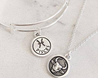 Reversible Zodiac Necklace or Bracelet, Bright Silver Plated Double Sided Zodiac Charm, Astrology, Astrological Sign, Silver Zodiac Jewelry