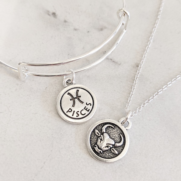 Reversible Zodiac Necklace or Bracelet, Bright Silver Plated Double Sided Zodiac Charm, Astrology, Astrological Sign, Silver Zodiac Jewelry