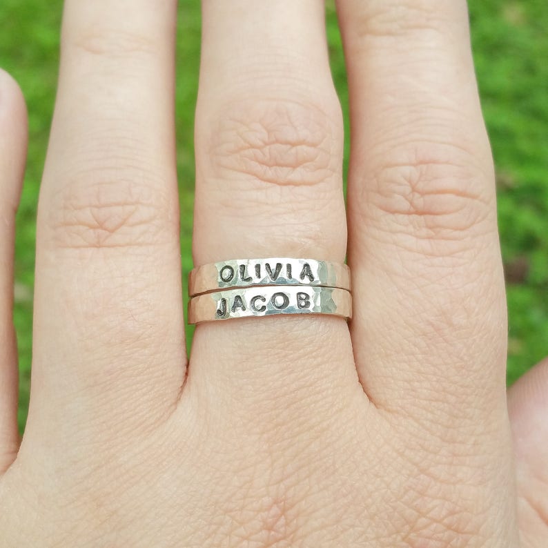 Mother's Ring, Sterling Silver Name Rings, Stacking Rings, Hammered Silver Ring, Custom Name Ring, Personalized Ring, Name Ring for Mothers image 6