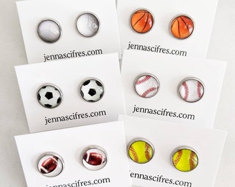 Sports Stud Earrings, Hypoallergenic Stainless Steel, Softball, Soccer, Volleyball, Basketball, Football, Baseball, Team Gifts, Coach Gifts