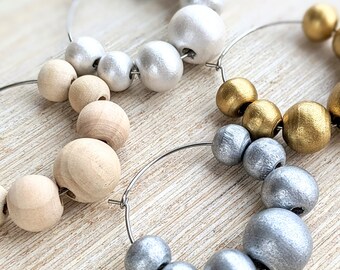 Wooden Bead Hoops, Natural Wood Earrings, Painted Metallic Wood Beads, Hypoallergenic Stainless Steel, Gold Hoops, Neutral Hoop Earring