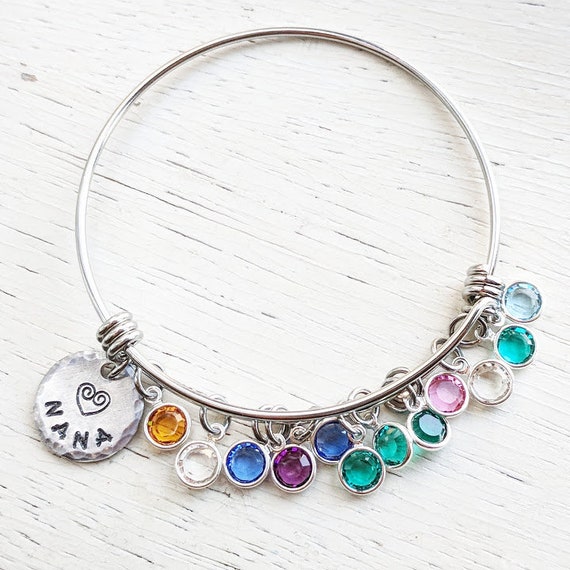 Grandma Bangle Bracelet, Swarovski Birthstones, Personalized Name Disc