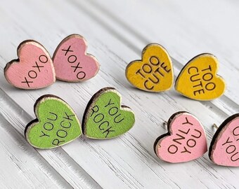 Boho Wood Conversation Heart Stud Earrings, Hypoallergenic Stainless Steel, 12 Colorful Styles, Cute Earrings for Valentines Day Gift