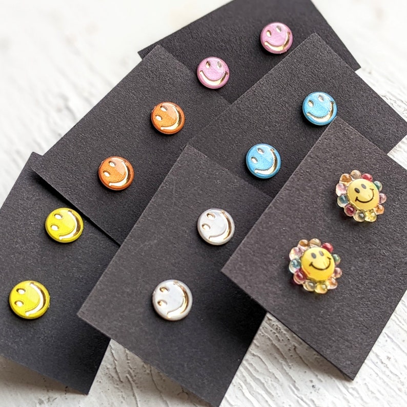 Smiley Face Stud Earrings, Smiley Studs, Emoji Happy Face, Flower Smile, Hypoallergenic Stainless Steel, Happy Jewelry, Gift for Her image 4